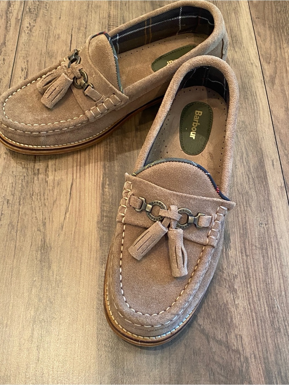 Barbour • Jen Suede Tassel Loafers • Tartan Lined British Heritage Shoes • Sz. 6 - Picture 2 of 9